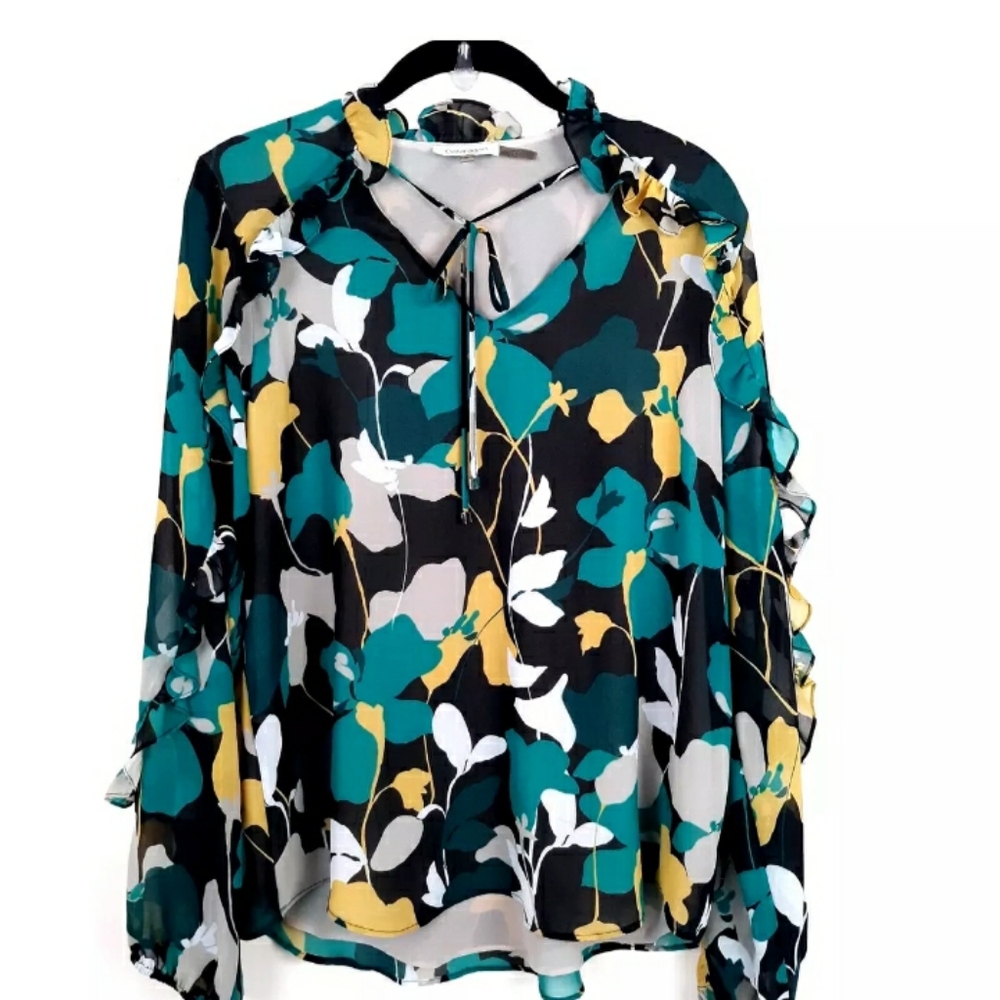 Calvin Klein Ruffle Blouse Women's Size Medium Pullover V-Neck Lined Floral